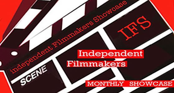 Independent Filmmakers Showcase (IFS) logo on a clapperboard for the Los Angeles indie filmmakers monthly showcase group