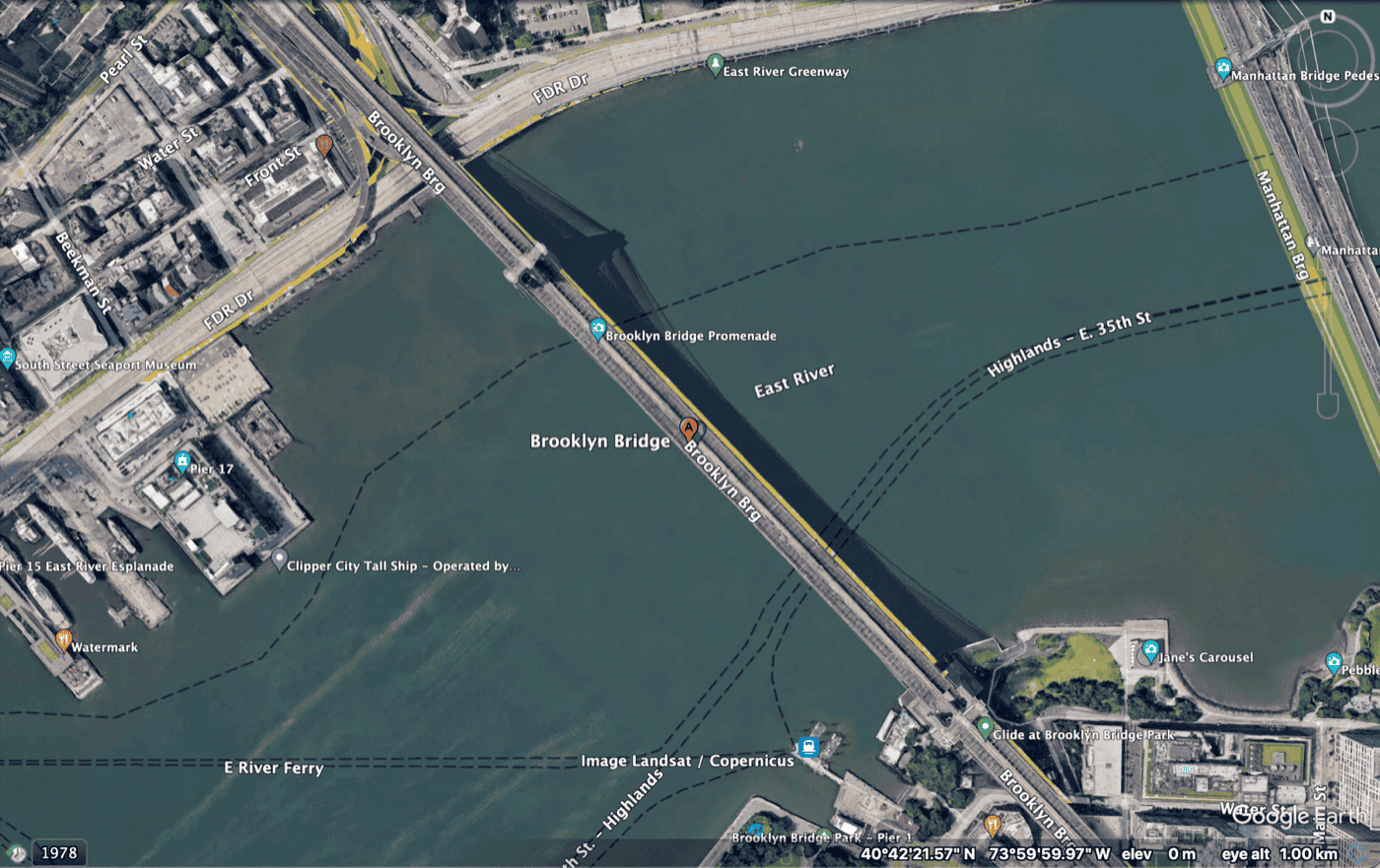 Map view of Brooklyn Bridge, New York City in Google Earth Pro