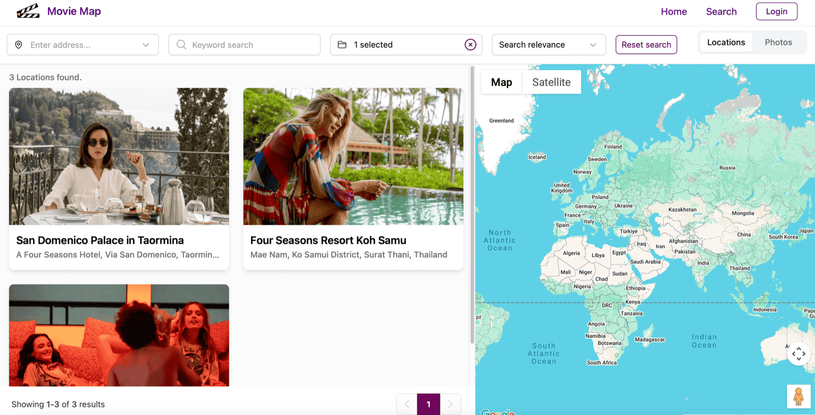 screenshot of SuperScout's new Movie Map site, showing White Lotus locations