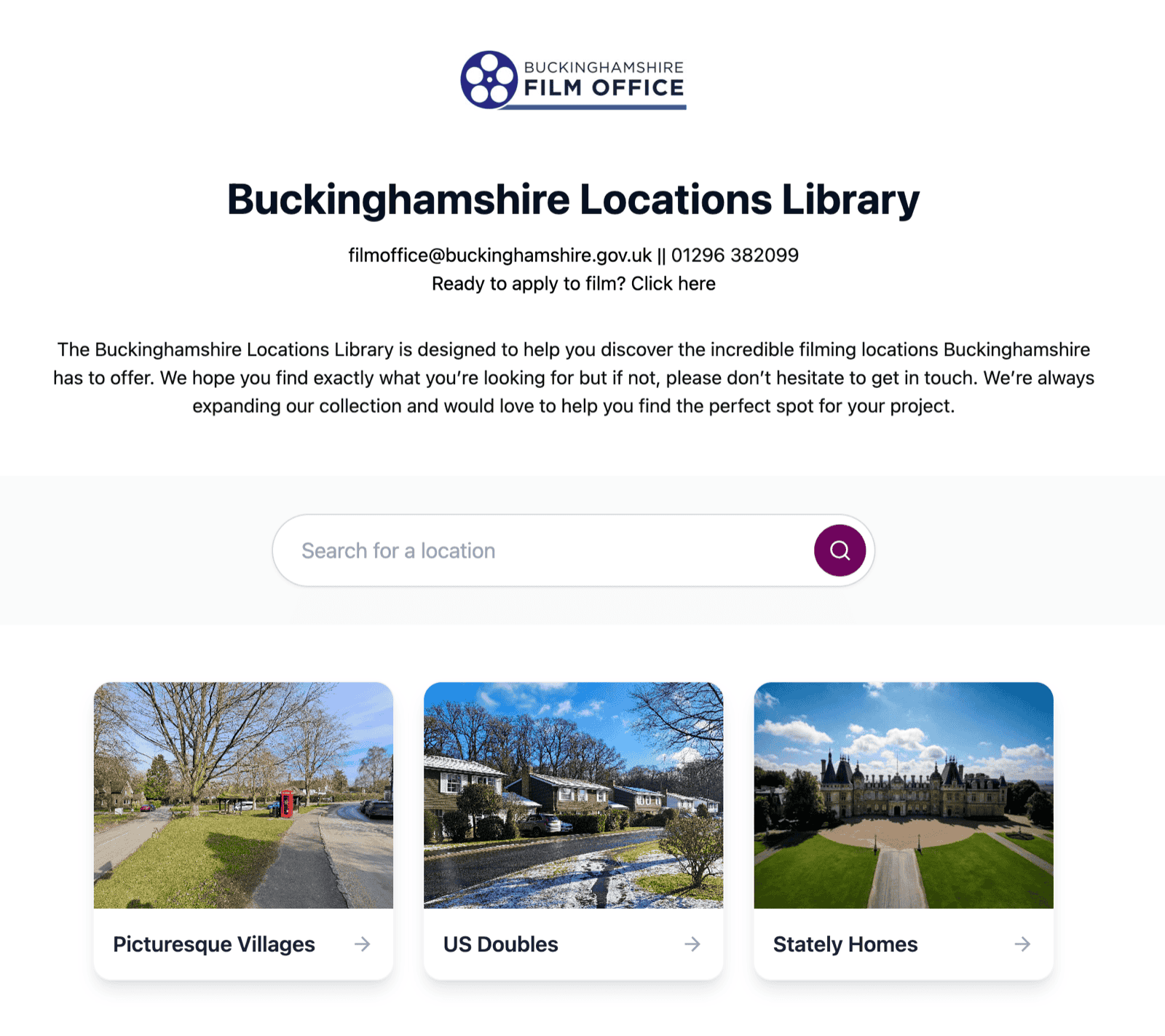 Buckinghamshire Film Office locations library homepage powered by SuperScout showing search bar and category tiles