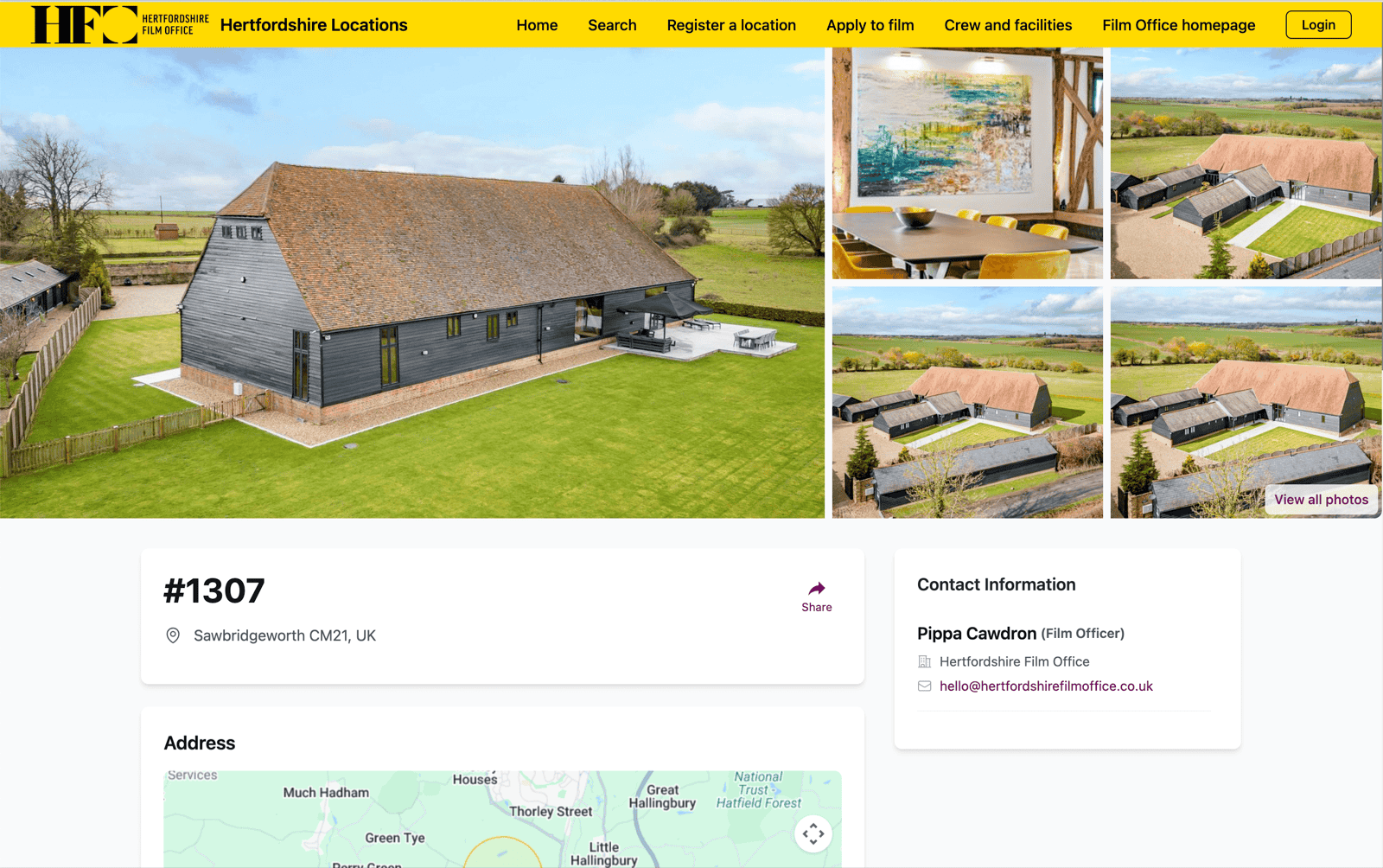 Hertfordshire Film Office location detail page on SuperScout showing barn conversion with multiple photos and contact information