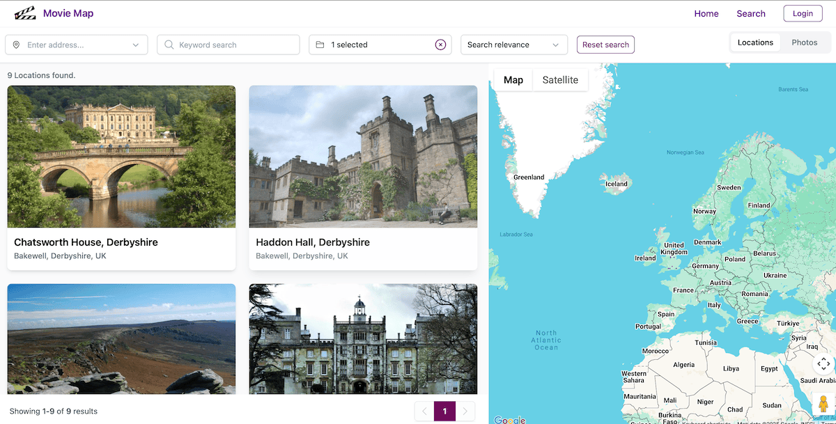 SuperScout Movie Map showing Pride and Prejudice filming locations including Chatsworth House and Haddon Hall in Derbyshire