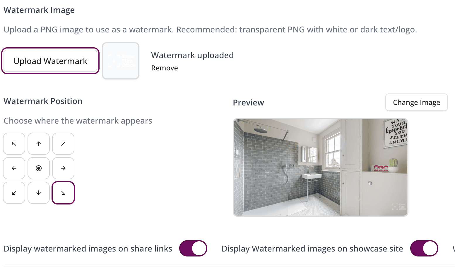 SuperScout watermark settings panel showing logo upload and position controls with a preview of a coastal cliff location