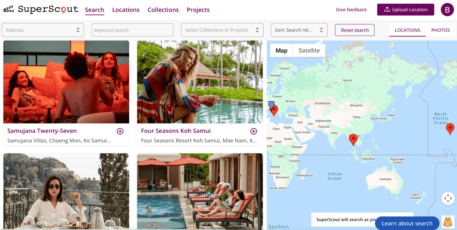 SuperScout location database interface showing filming locations on map with search and filter tools