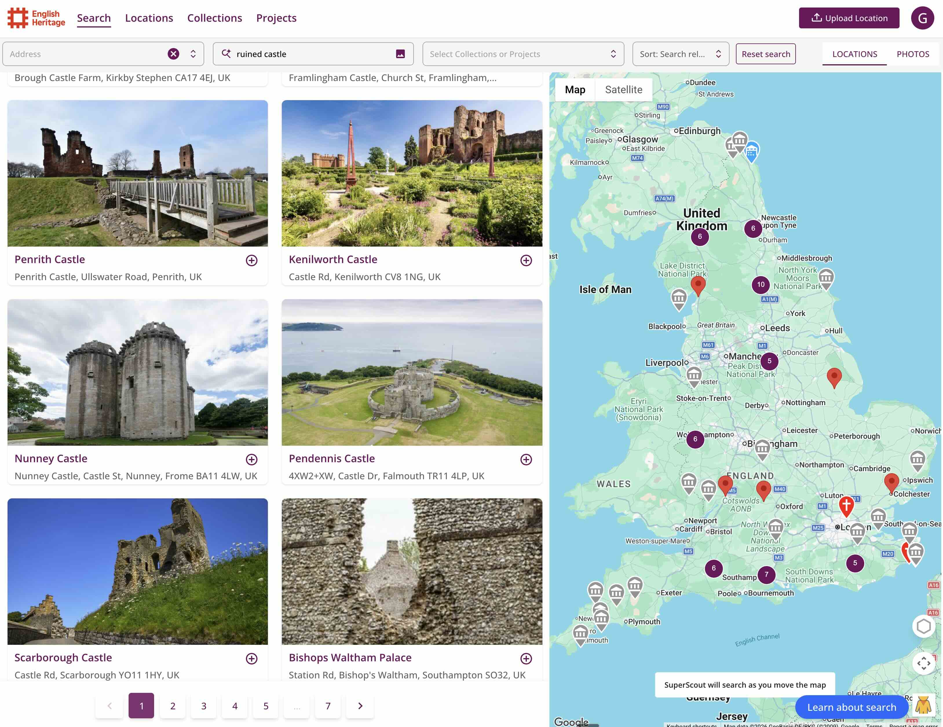 SuperScout search results showing locations matching a brief