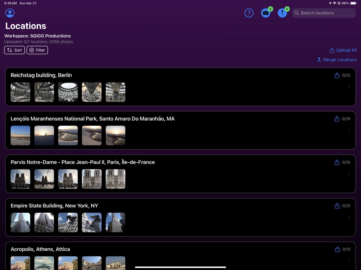 The SuperScout app on iPad, showing locations scouted in the field queued and ready to upload