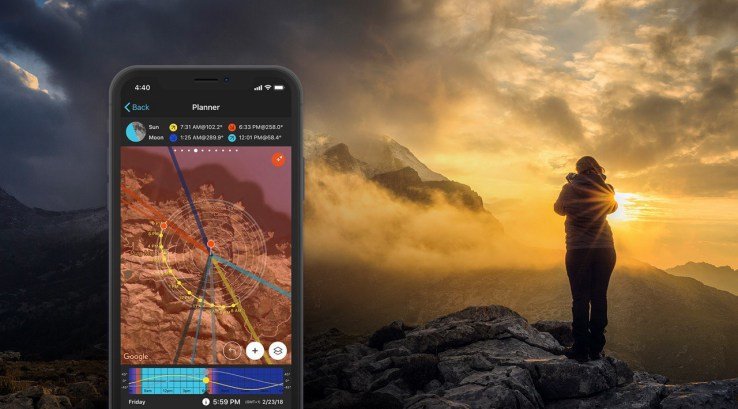 image of PhotoPills app open on a phone and woman viewing sunset mountain scene